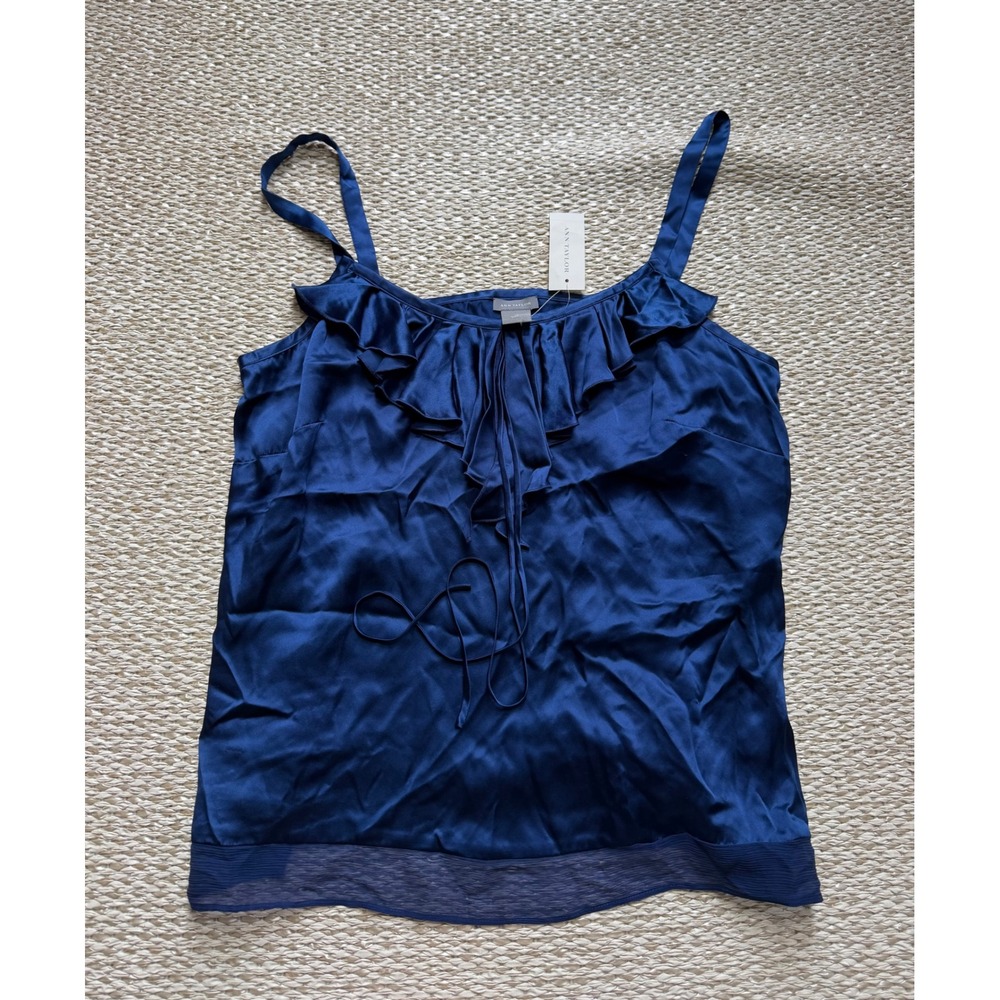 NEW Ann Taylor Blue 100% Silk Ruffle Neck Camisole Tank Top dainty classic  12